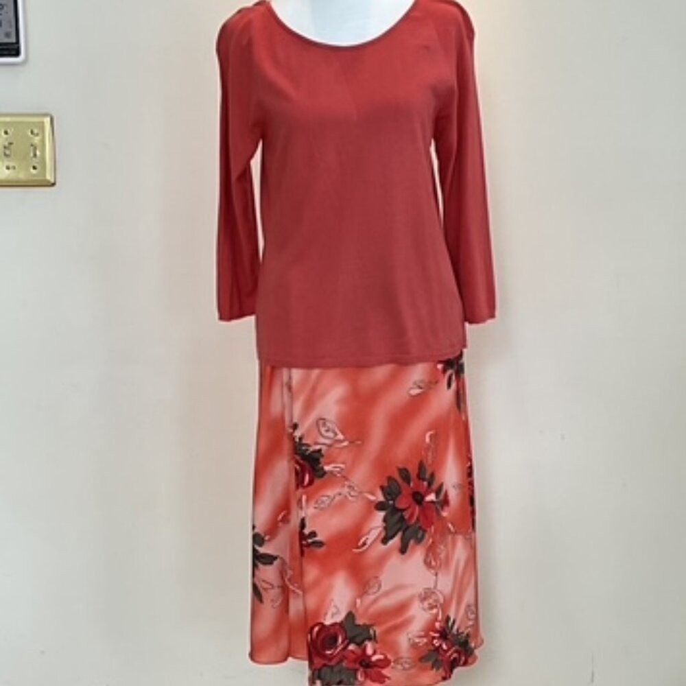 Talbots Knit Top and Large Red/Orange Floral Midi Skirt PM